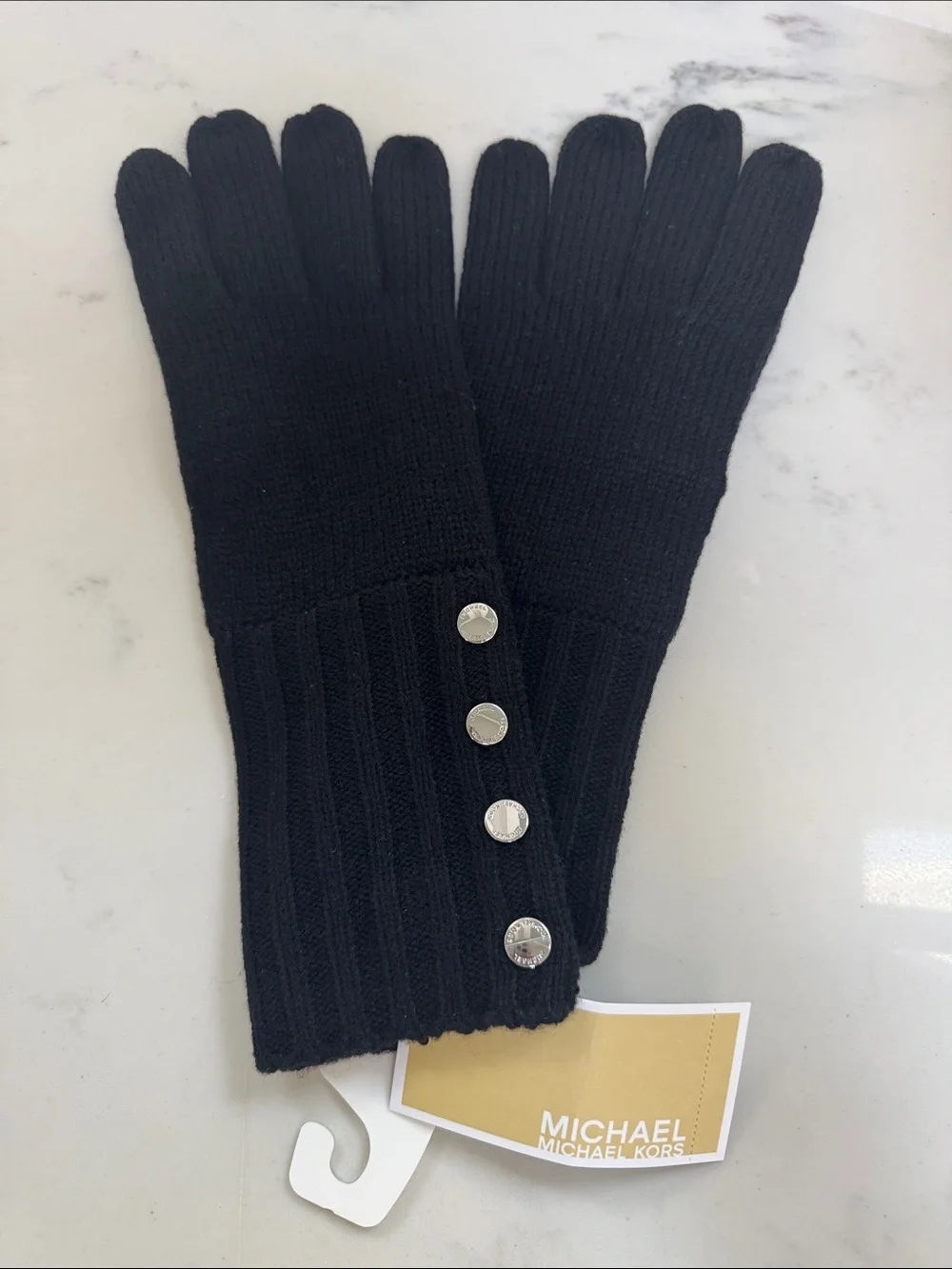 Michael Kors Black Ribbed Knit Gloves with Silver Button Detail